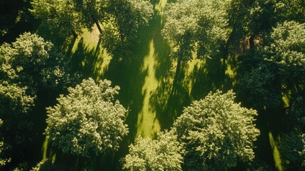 Fototapeta premium Aerial view of lush green trees casting shadows in a vibrant summer park landscape under bright sunlight