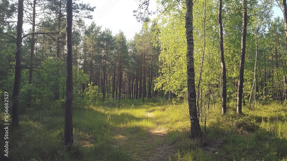 Aufkleber Summer forest scene with lush greenery and sunlight filtering through tall trees creating a serene and tranquil nature setting.