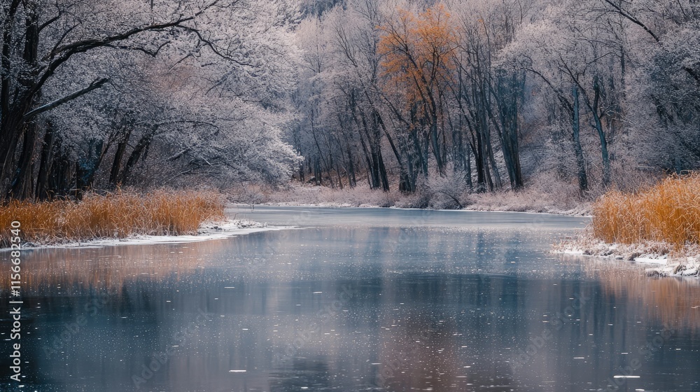 Aufkleber Serene spring scenery with blossoming trees reflecting on a tranquil river surrounded by soft pastels and gentle ripples.