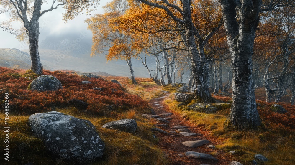 Poster autumn forest pathway with vibrant trees colorful foliage and rocky terrain in scenic landscape sett
