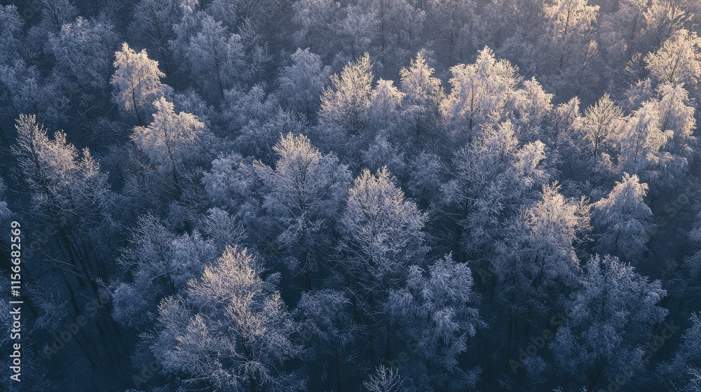 Poster snow-covered trees at dusk in a serene winter forest landscape showcasing a tranquil evening atmosph