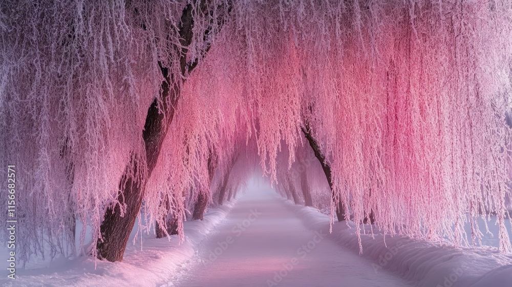 Poster winter wonderland with frosted trees in soft pink hues creating a serene pathway through a snowy lan