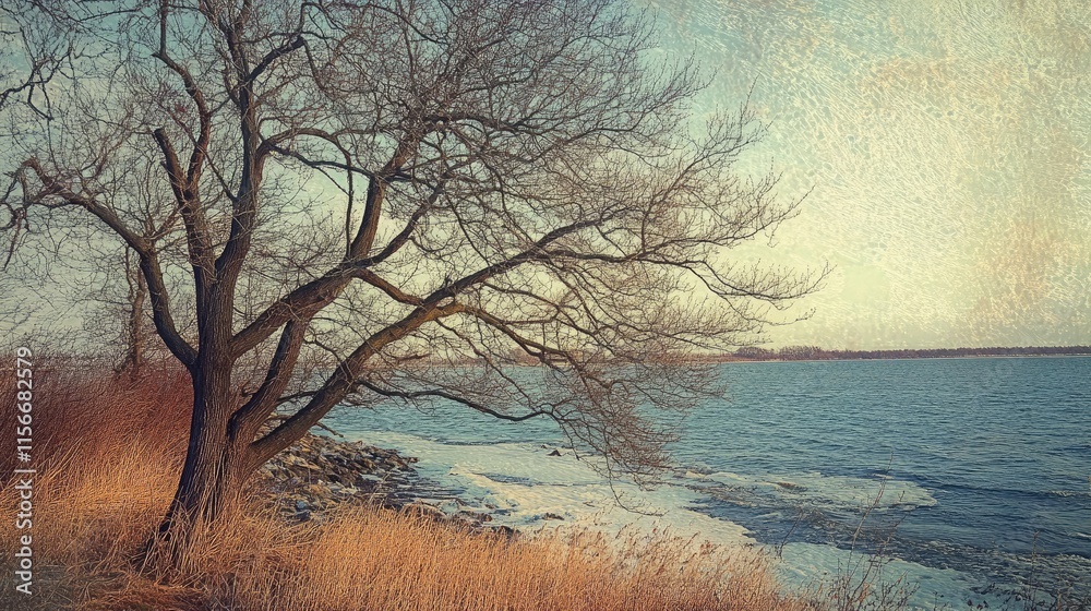 Poster bare winter trees beside a calm river with ice formations and dry grasses creating a serene natural 