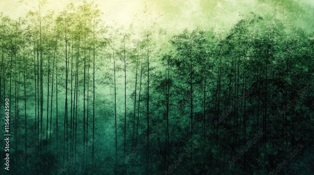 Poster serene view of tall trees forming a dense green forest under soft sunlight creating an enchanting na