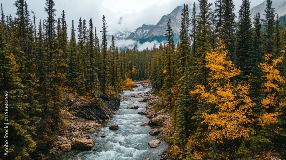 Poster serene river flowing through lush forest with autumn foliage and majestic mountain backdrop under cl