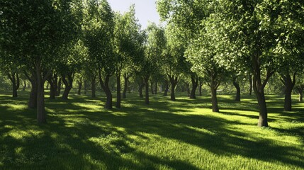 Fototapeta premium Lush green trees casting shadows on a sunlit lawn in a serene summer park landscape