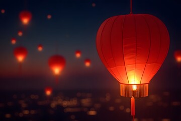 Fototapeta premium A Chinese lantern glowing in the night sky to celebrate the New Year.