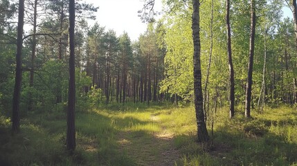 Summer forest scene with lush greenery and sunlight filtering through tall trees creating a serene and tranquil nature setting.