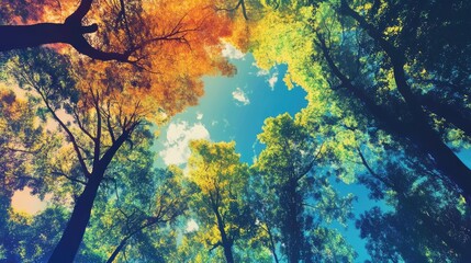 Vibrant Perspectives of Colorful Trees Against a Bright Blue Sky in a Lush Forest Canopy