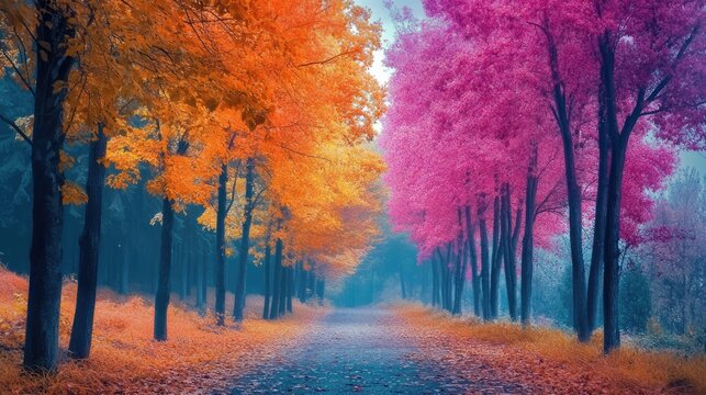 Vibrant autumn forest pathway with colorful trees showcasing shades of orange and pink under a dreamy misty atmosphere