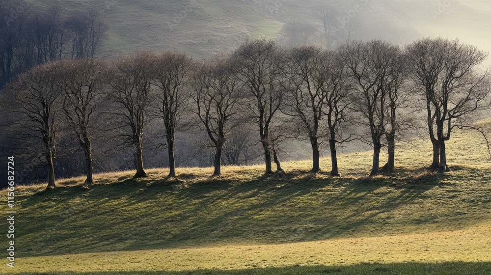 Poster silhouetted trees along a serene riverbank with rolling hills illuminated by soft sunlight in the ba