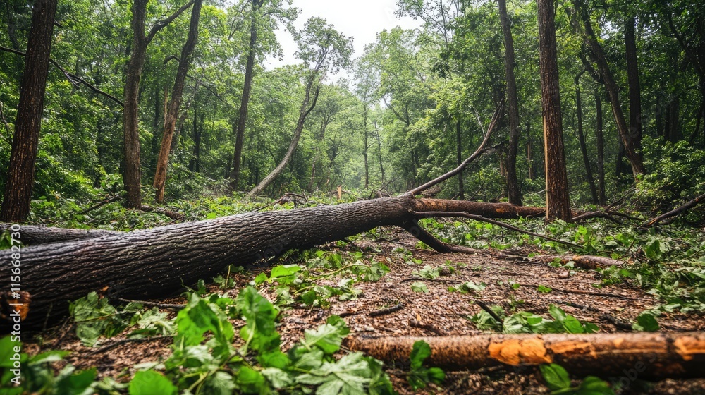 Poster fallen trees in dense forest after storm creating tranquil woodland landscape with lush greenery and
