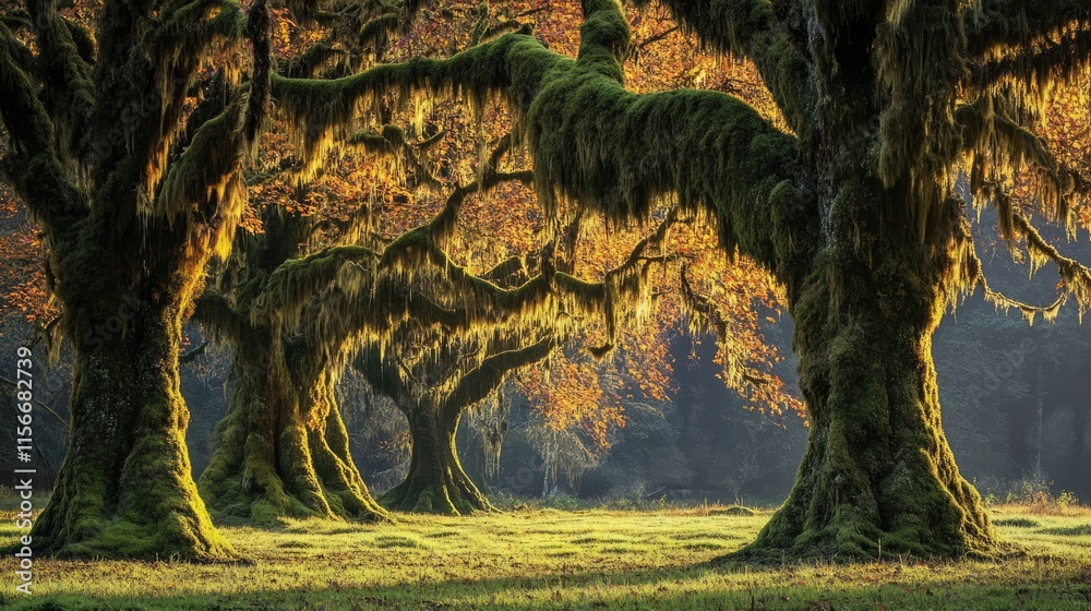 Poster mossy old growth trees illuminated by warm sunlight in a tranquil forest setting