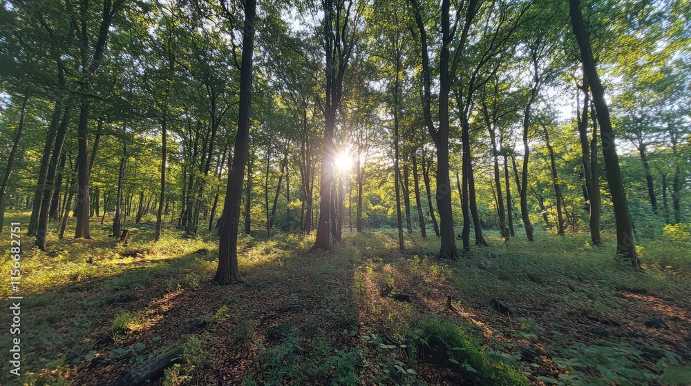 Poster Sunlight filtering through lush trees in a serene forest landscape, creating a warm and inviting woodland atmosphere.