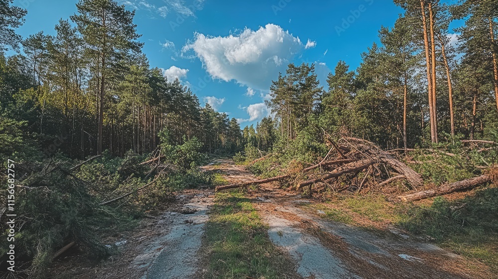 Poster Fallen trees blocking a forest trail surrounded by green pine trees under a blue sky with fluffy clouds