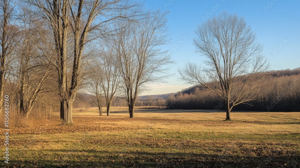 Poster barren trees against a clear blue sky in a tranquil summer landscape with open fields and distant hi