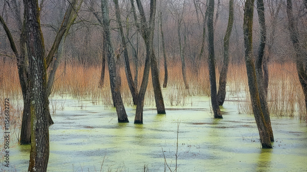 Poster swamp landscape with reflected trees and green water in a serene environment