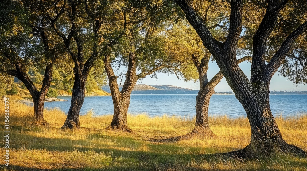 Aufkleber Trees framing a serene bay view with golden light filtering through leaves and a tranquil shoreline in the background