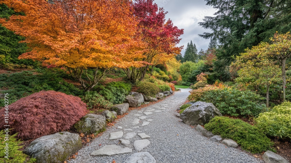 Poster autumn pathway with vibrant colored trees and stones creating a serene garden landscape in nature's 