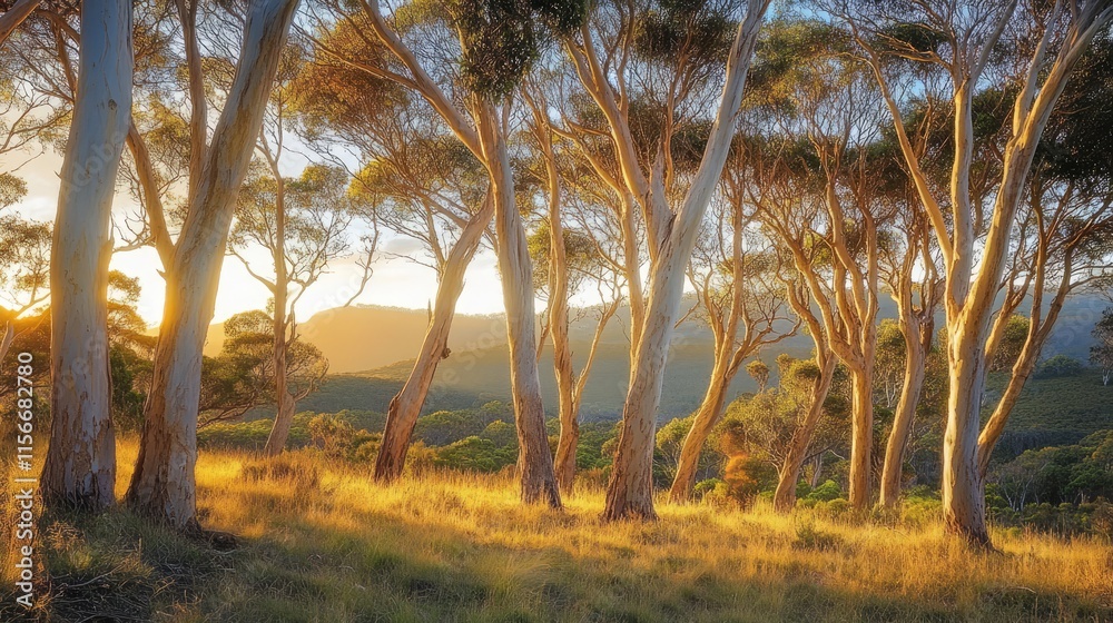Poster lush trees illuminated by warm evening light casting shadows across a serene landscape in a tranquil