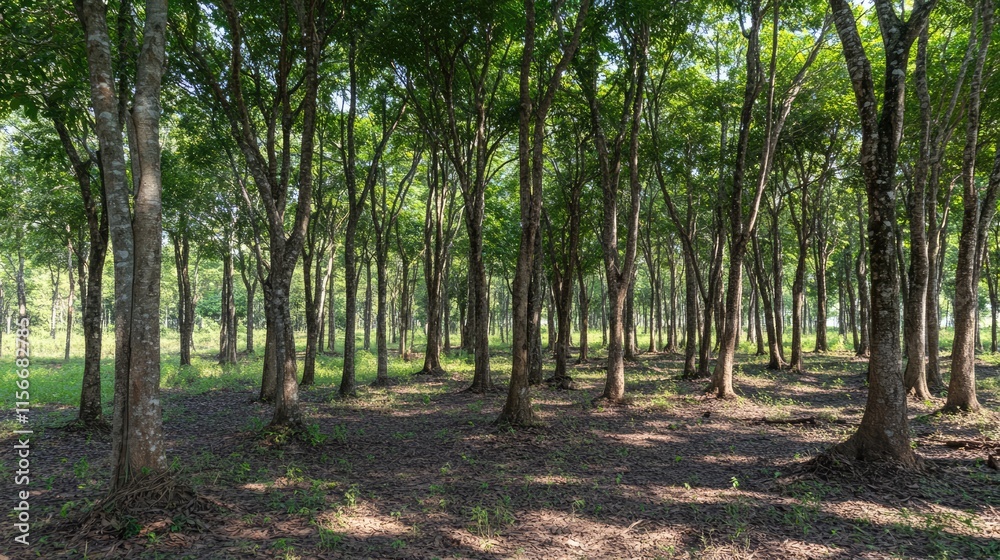 Poster Serene sunlight filtering through dense tree canopy in tranquil forest setting showcasing nature's beauty and peaceful atmosphere.