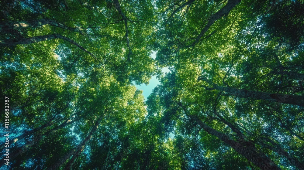 Poster lush canopy of vibrant green trees viewed from the forest floor with sunlight filtering through the 