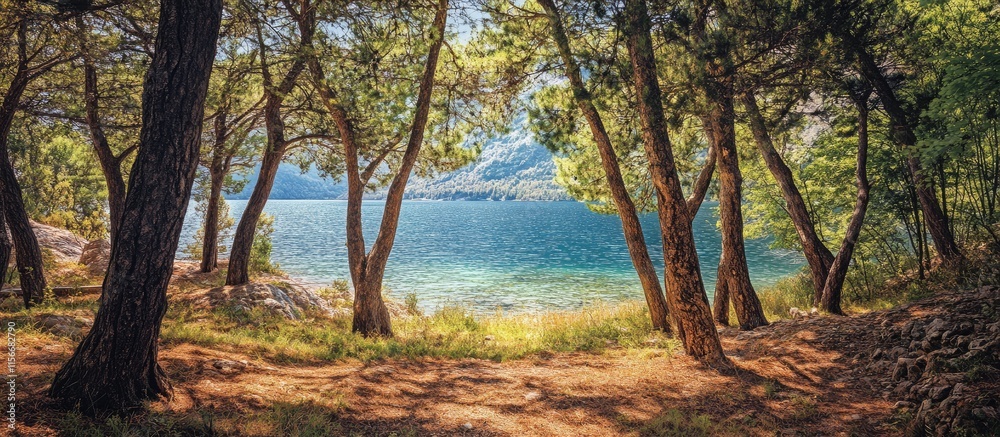 Poster serene lakeside view framed by lush trees showcasing natural beauty and tranquil waters in a broad p