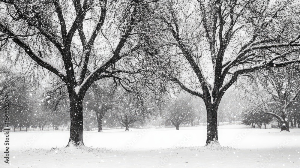 Poster snow-covered trees in winter landscape serene atmosphere with falling snowflakes creating a peaceful