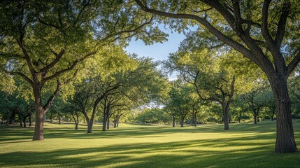 Fototapeta premium Lush green park landscape showcasing trees under a clear blue sky with sunlight filtering through the branches and casting shadows on the grass.