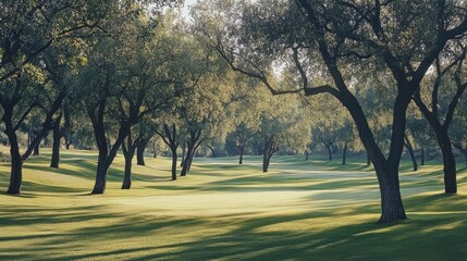 Naklejka premium Lush trees casting shadows on a well-manicured golf course creating a serene and inviting outdoor landscape scene