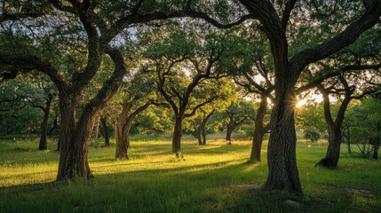 Fototapeta premium Serene sunlight filtering through lush trees in a vibrant state park landscape showcasing nature's beauty and tranquility