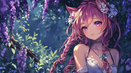 Enchanted girl with fox ears surrounded by vibrant flowers in a mystical forest.