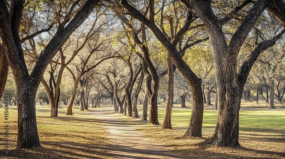 Poster serene pathway through autumn trees in state park surrounded by lush greenery and nature's tranquili