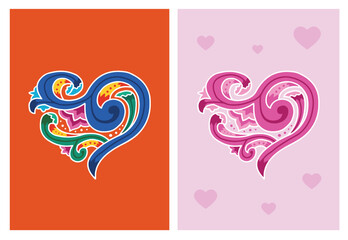 Adobe Illustrator ArtwoVECTORS. Heart shape in traditional Costa Rican painting style, Ox cart design style, 2 color schemesrk