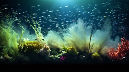 Fototapeta premium Captivating Dynamics of Phytoplankton in Cinematic Mixed Layer Lighting An visualization of the intricate underwater world of microscopic marine life and its response to environmental changes