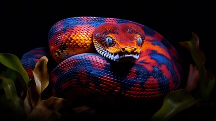 Fototapeta premium Vibrant and Vivid Python Regius Curled in a Spiral Formation on a Dark Earthy Background with Textured Natural Pattern