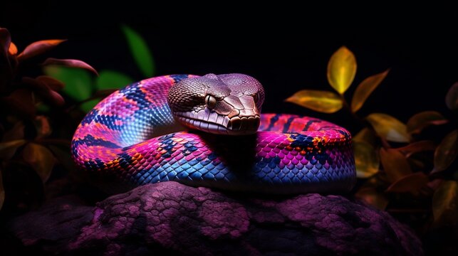 Closeup of a vivid color morphed Python regius snake curled in a tight spiral resting on dark soil or ground texture  The exotic reptile blends seamlessly into its natural habitat