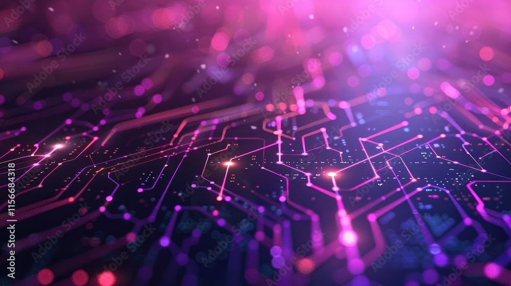 Wall mural abstract digital circuit design with vibrant colors and glowing elements.