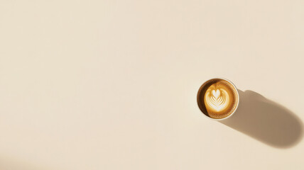A soft white background featuring a clean, minimalist image of a single cup of coffee with a latte art design, surrounded by negative space, perfect for modern, sleek design.