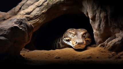 Dramatic Emergence of Powerful African Rock Python Slithering from Shadowy Cave Entrance in Dramatic Lighting