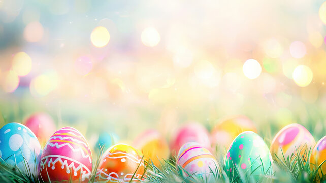 A soft-focus Easter card with blurred tulip fields, glowing Easter eggs, and a subtle white overlay for adding text, creating a warm and festive spring atmosphere.