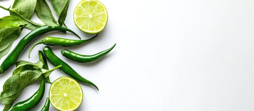 Fresh green chili peppers and lime slices arranged on a white background with space for text highlighting vibrant culinary ingredients.