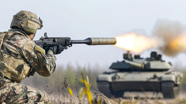 A soldier aiming a rocket-propelled grenade (RPG) at an enemy tank, preparing to fire, set in a high-intensity battlefield with smoke and debris in the background. - Powered by Adobe