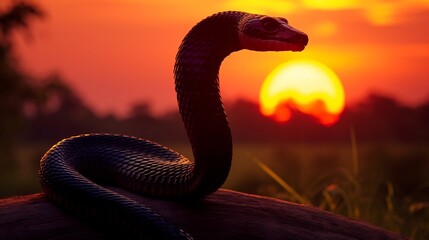 Dramatic silhouette of a cobra poised against the glowing horizon capturing the power and danger of this iconic reptilian predator in a captivating natural scene