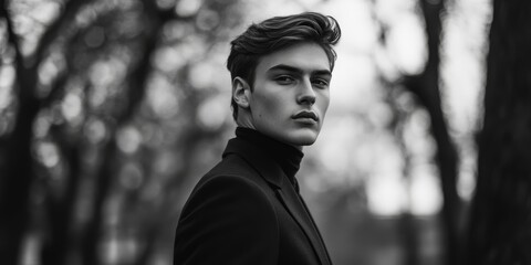 Portrait of a stylish young model showcasing classic black and white clothing in an outdoor setting. This handsome model s fashion sense shines in this black and white style presentation.