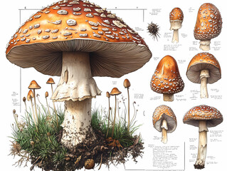 Illustration of various mushroom species showcasing their unique features and characteristics in a detailed botanical study