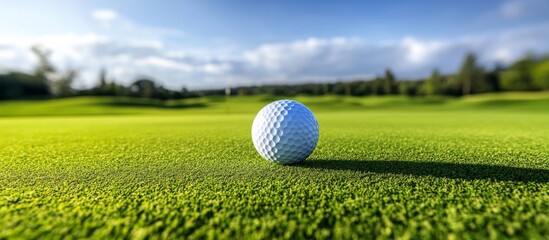 Golf ball on vibrant green lawn, under blue A sits