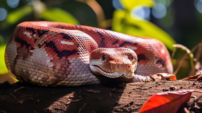 Closeup of a red tailed boa snake coiled loosely and resting under dappled sunlight in a lush natural tropical forest environment