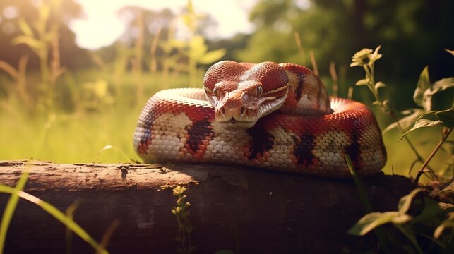 Striking Red tailed Boa Constrictor Reptile Coiled Loosely in Dappled Sunlight Surrounded by Lush Verdant Tropical Foliage and Vegetation