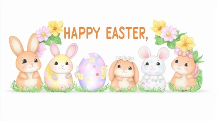 Obraz premium Happy Easter Celebration with Cute Bunnies and Colorful Eggs